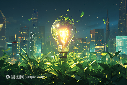 點(diǎn)亮未來(lái) 綠色能源燈泡插畫中的環(huán)保科技之光